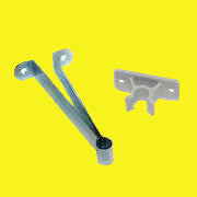 A metal door catch and a white plastic clip designed for RV entry doors.