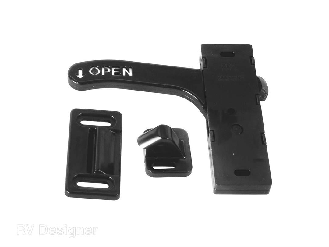 Black RV designer screen door latch with fastener, displayed disassembled with focus on the lever and fastener mechanism.