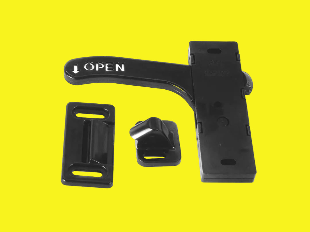 Black RV designer screen door latch with fastener, displayed disassembled with focus on the lever and fastener mechanism.
