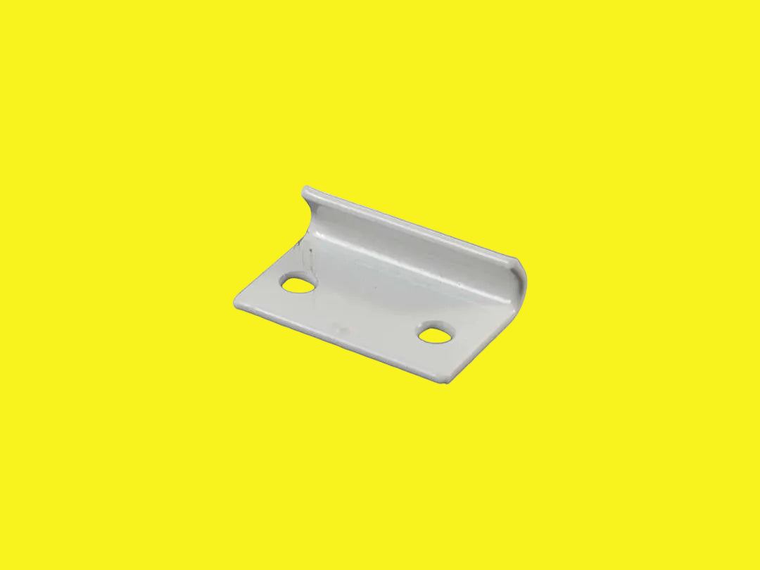 A white metal latch hook designed for tent camper doors.