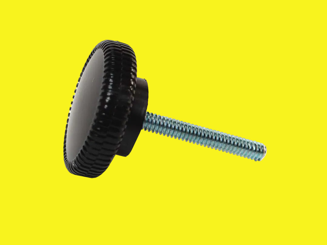 A black awning knob with a screw in the center, designed for use with Carefree awnings.