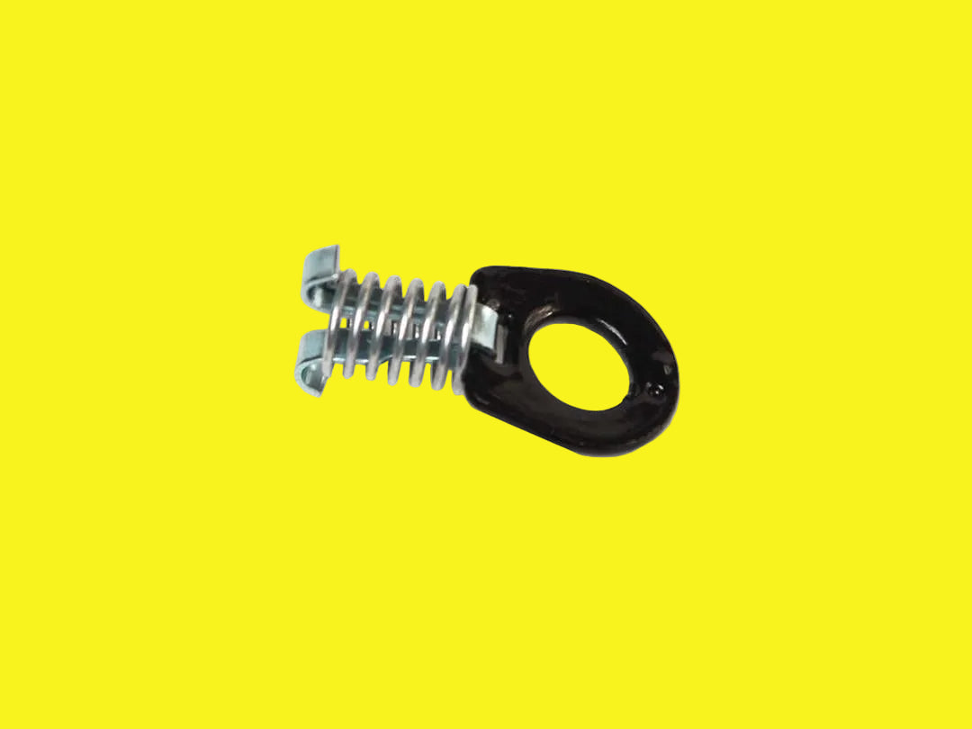 A black water heater latch with a spring loaded thumb screw mechanism.