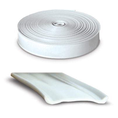 A roll of white narrow insert trim molding with a 3/4 inch width, 50 feet in length.