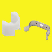 A set of two white nylon friction door catches with metal clips.