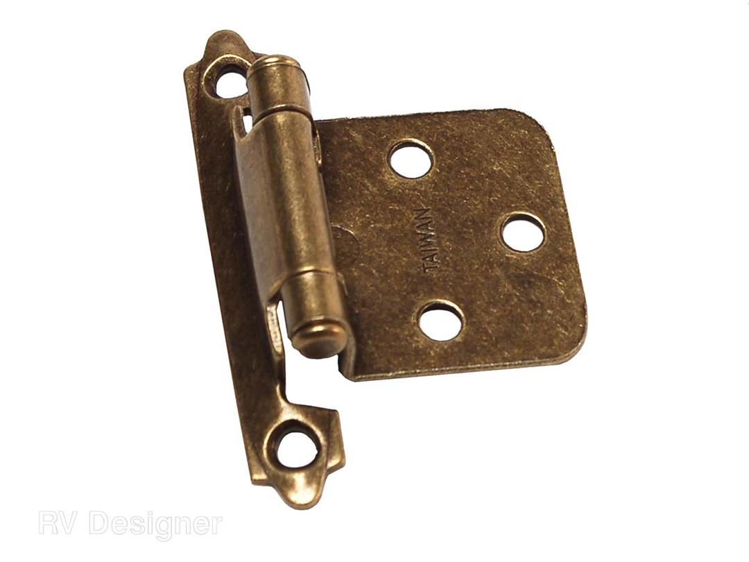 Antique finish metal self-closing hinge for RV doors.