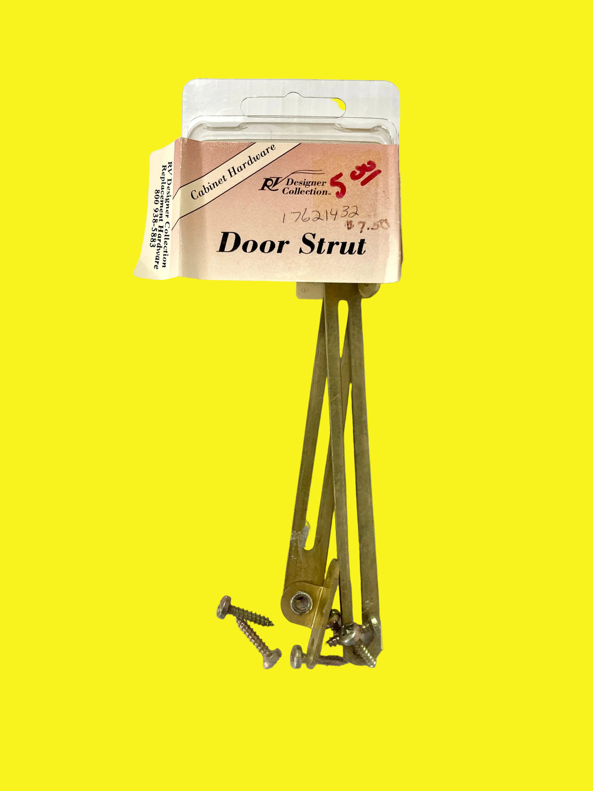 A pack of two metal door struts in a clear plastic packaging with a label showing the product details.