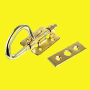 A brass bunk latch typically used on RV's folded down bunk beds to hold them in the up position, with a single mechanism design.