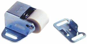 A zinc plated metal roller catch, displayed alongside a detached metal plate.