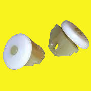 Two white plastic rollers for shower doors, with a latch mechanism, displayed on a plain background.