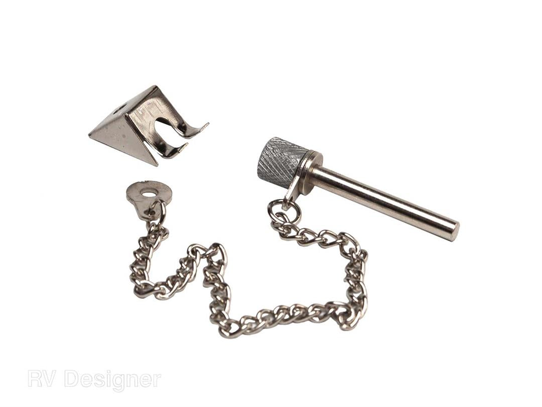 A refrigerator door lock consisting of a metal latch and a chain-linked mechanism, isolated on a white background.