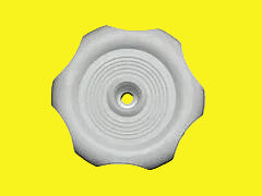 A white plastic window crank knob with a circular fluted design and a central bolt for installation.