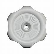 A white plastic window crank knob with a circular design and a central bolt for installation.