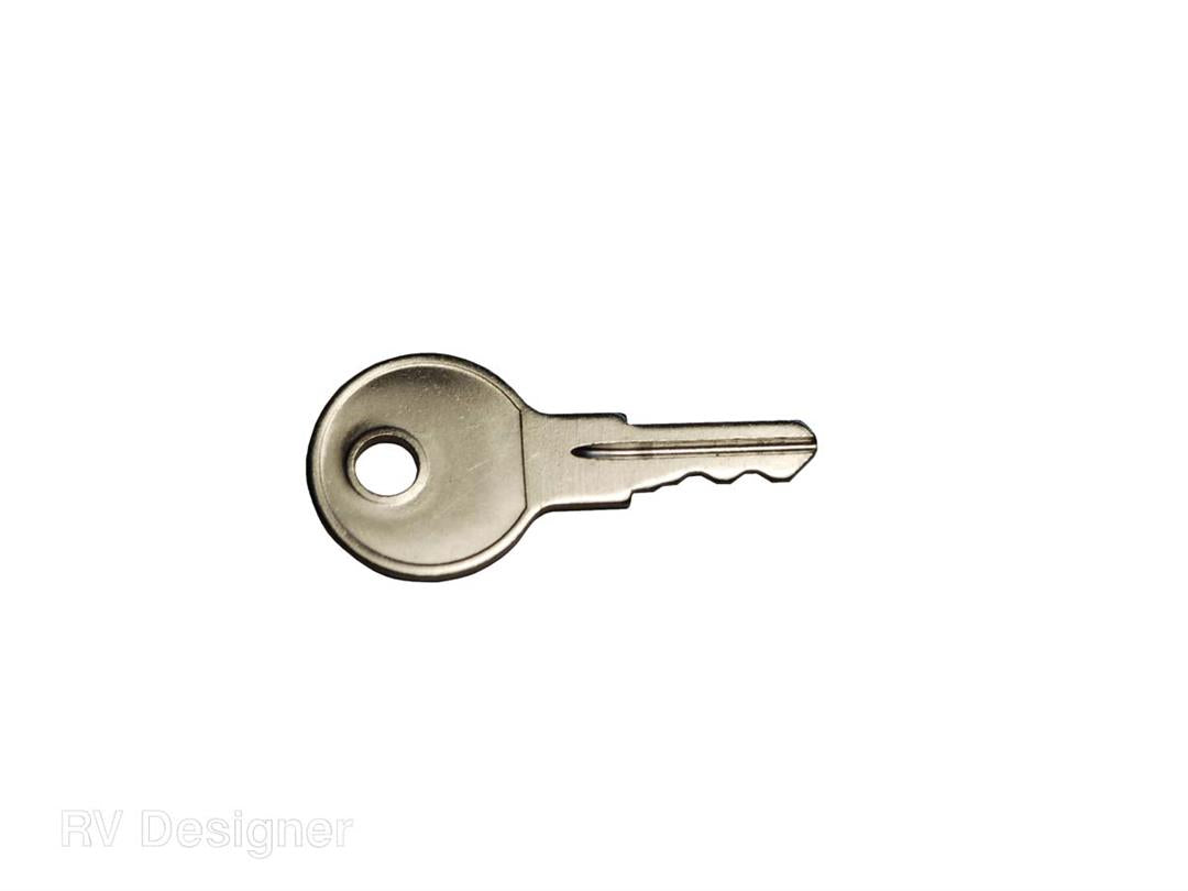 A silver-colored metal key with a circular head and a notch pattern.