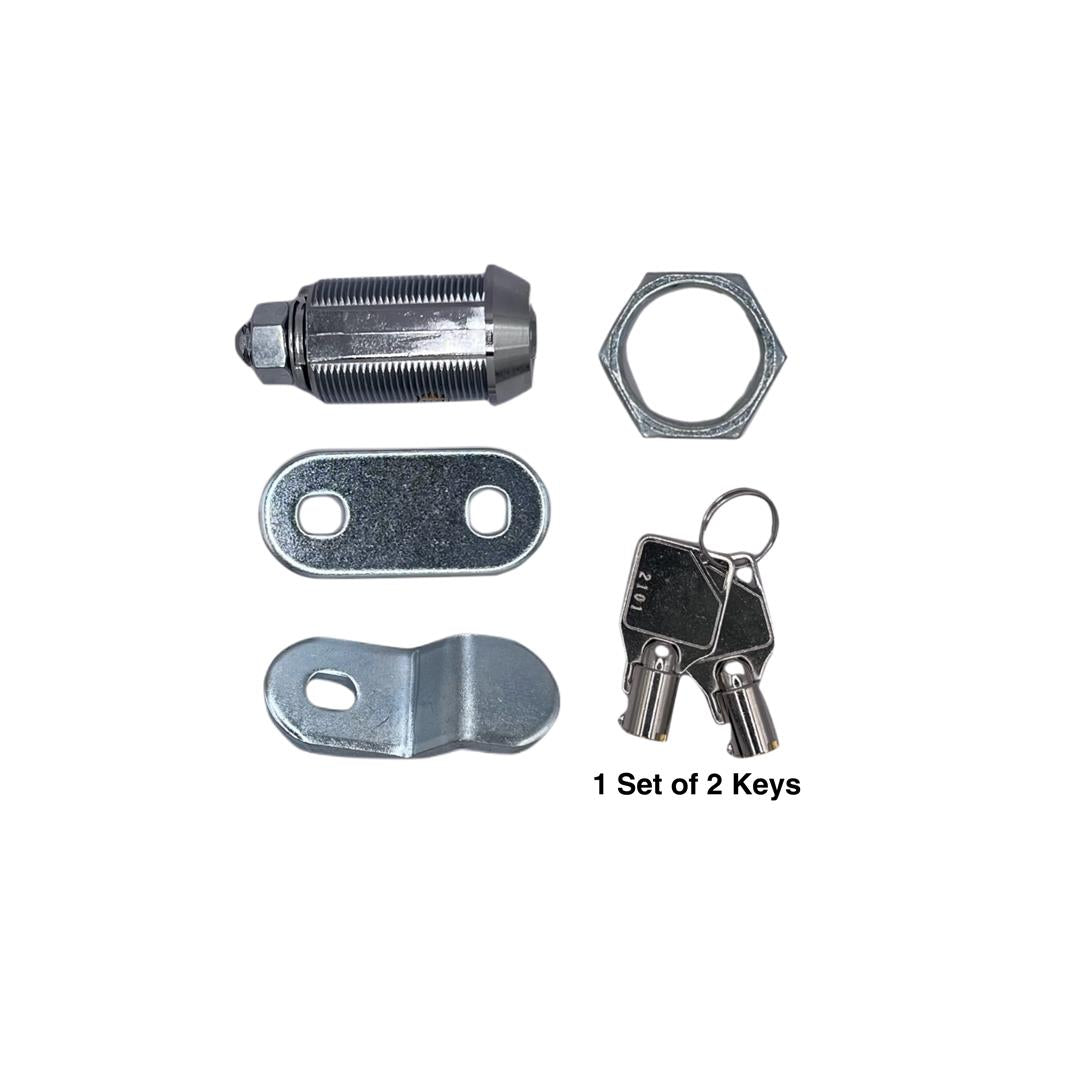 A set of RV door lock parts including a lock cylinder, washer, offset, and straight cam, along with two keys.