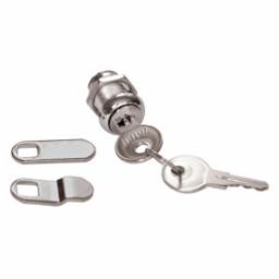 A silver cam lock and keys.