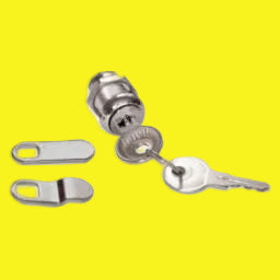 A silver cam lock and keys.