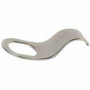 A silver-colored metal finger pull for a compartment lock cylinder cam.