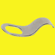 A silver-colored metal finger pull for a compartment lock cylinder cam.