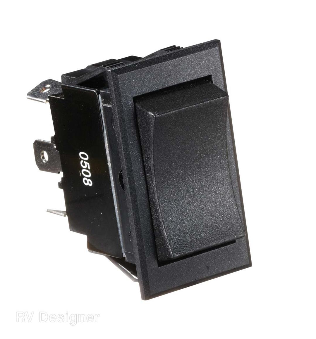A black on/off/on rocker switch with a 6-terminal connection, designed for use in slide outs, power sofas and generators.