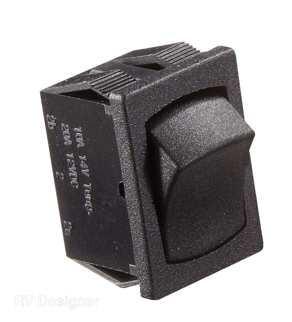 A black mini on/off rocker switch with a 0.508" x 0.756" cut-out, designed for lighting or water appliances.