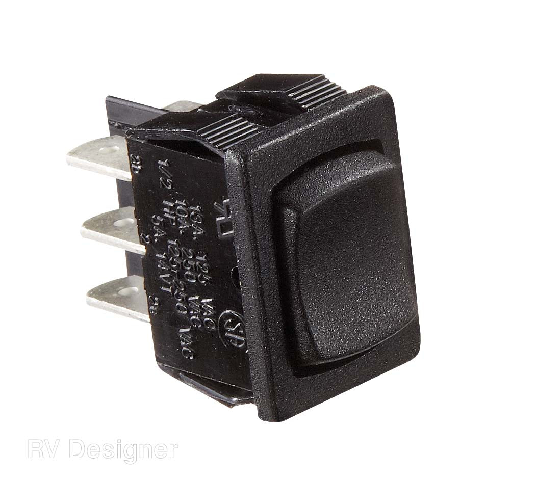 Black rocker switch with six wire terminals.
