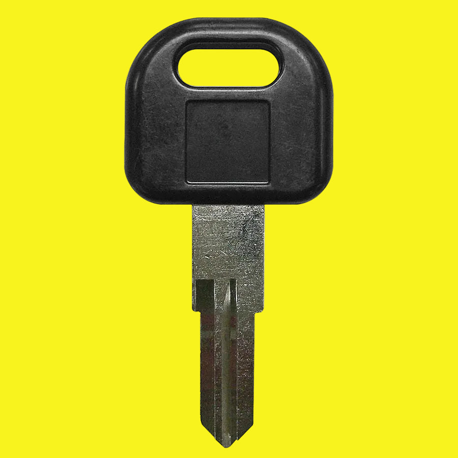 Silver FIC key blank with black cover on one end.
