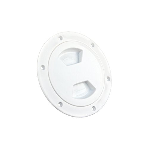 A white, 4-inch diameter access/deck plate intended for providing cord and fresh water access to RV compartments.