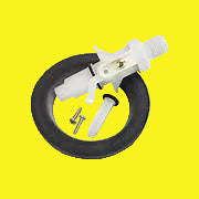 A Thetford toilet water valve, including a white plastic valve body, a black rubber valve, and metal screws.