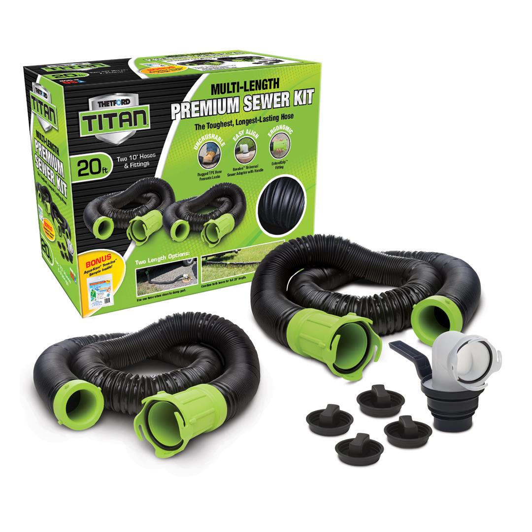 The image shows a Thetford Premium Sewer Kit, including two black and green hoses, a revolve 5-in-1 sewer adapter, and end caps.