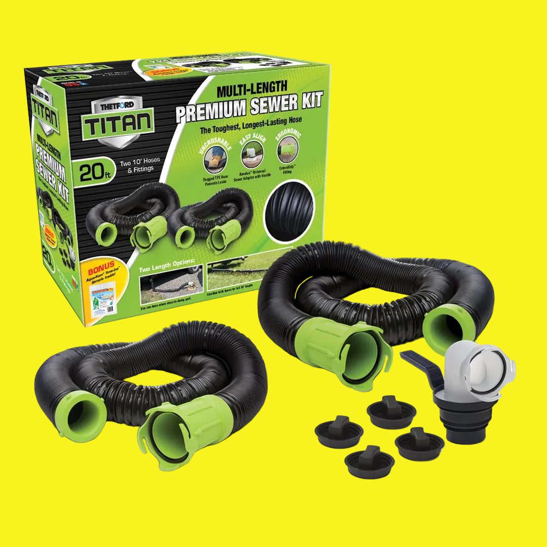 The image shows a Thetford Premium Sewer Kit, including two black and green hoses, a revolve 5-in-1 sewer adapter, and end caps.