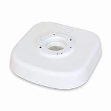 White toilet riser designed for specific toilet models, featuring a round shape with a central mounting hole and multiple exterior screw holes.