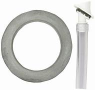 A toilet flush tube and nozzle assembly, featuring a white plastic tube and a gray rubber flush valve.