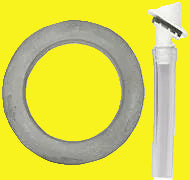 A toilet flush tube and nozzle assembly, featuring a white plastic tube and a gray rubber flush valve.