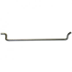 A silver-colored metal toilet water valve link against a white background.