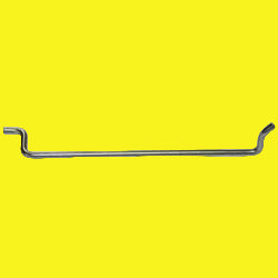 A silver-colored metal toilet water valve link against a white background.