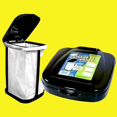A black trash bag holder with a picture of it assembled and a trash bag in it.