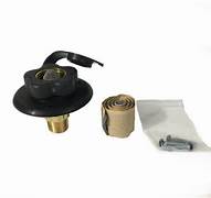 A black water flange with a attached black cap, alongside a roll of butyl tape.