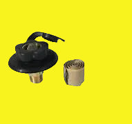 A black water flange with a attached black cap, alongside a roll of butyl tape.