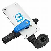 A Thetford Fresh Water Fill Diverter Valve with a blue plastic handle and black body, mounted on a white square-shaped plate.