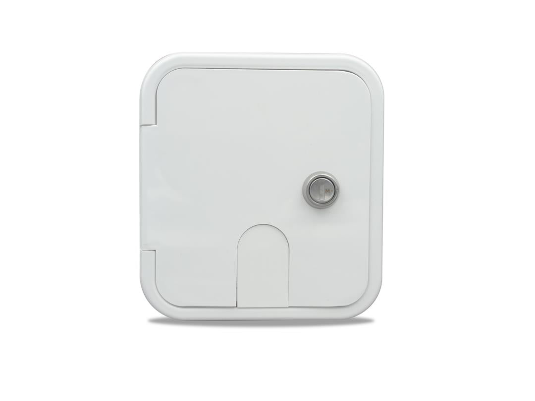 White RV electric cable hatch with key and mounting hardware.