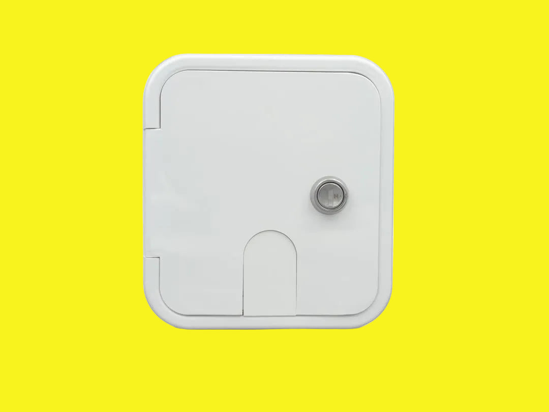 White RV electric cable hatch with key and mounting hardware.