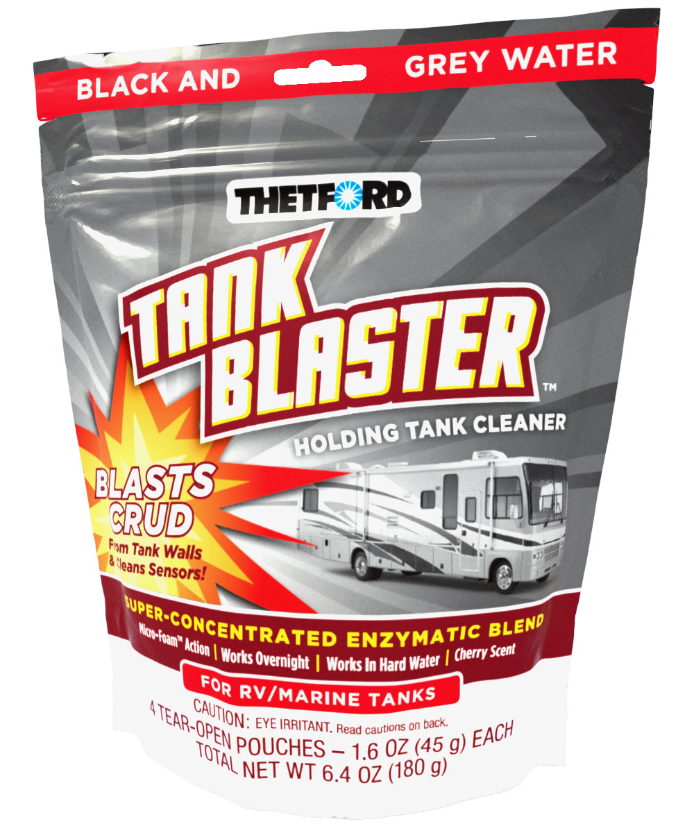Packaging for holding tank cleaner for an RV. Red, gray and white coloring.