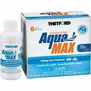 A package of Thetford AquaMax holding tank treatment with a bottle and box. The package states it contains 6 treatments for a 40 gallon tank.