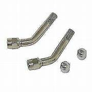 A set of two silver metal tire valve extenders with valve stem caps.