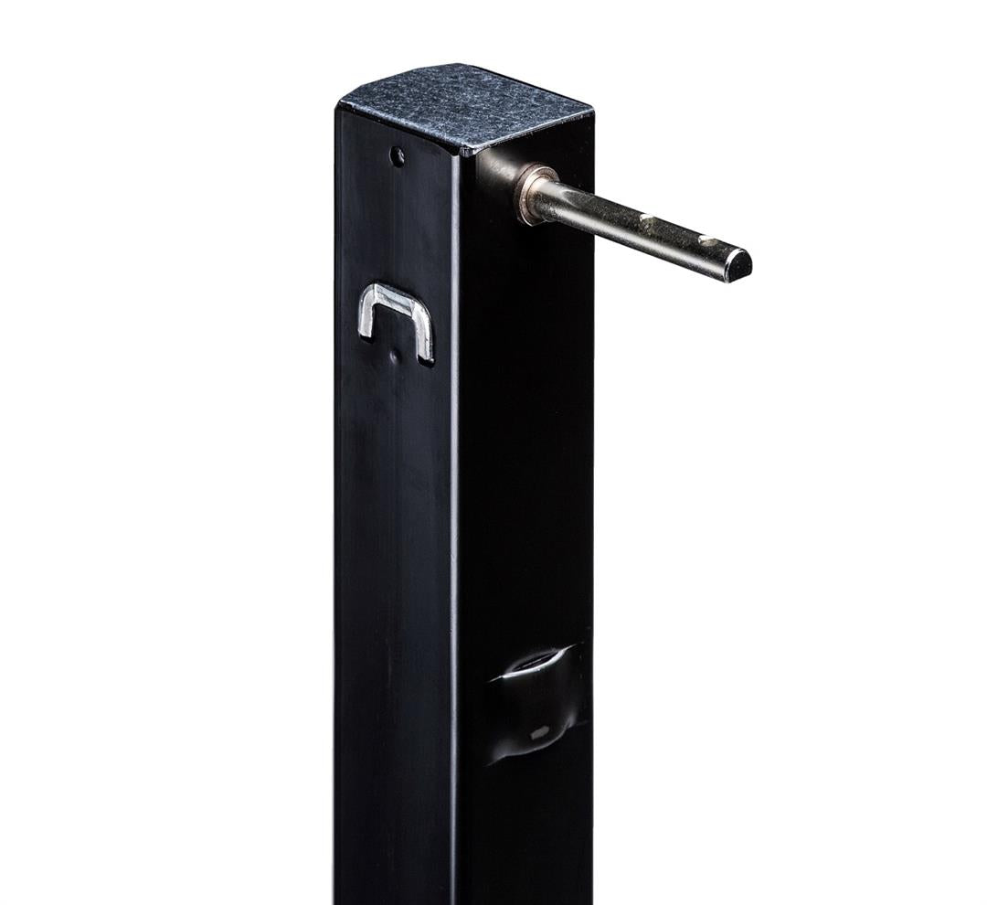 A black metal lead leg for 5th wheel camper landing gear with a drop leg and cage pin.