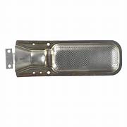 A silver-colored metal furnace burner with a textured surface and a mounting bracket.