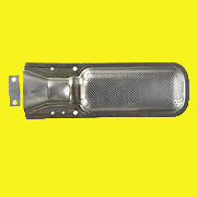 A silver-colored metal furnace burner with a textured surface and a mounting bracket.