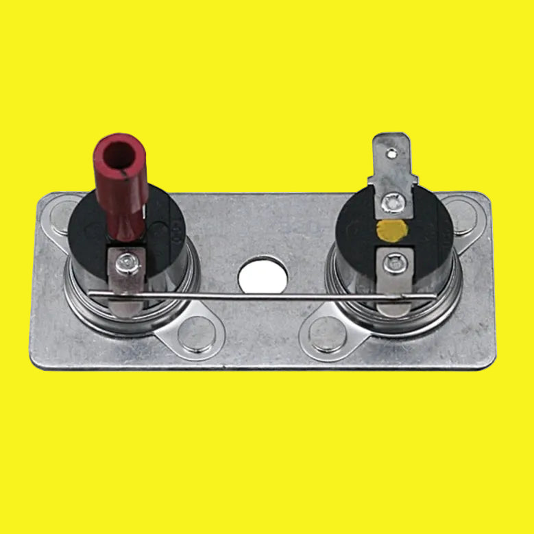 Water heater thermostat switch with two round terminals on a rectangular metal plate.