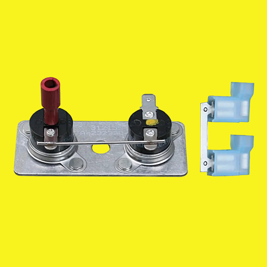 A water heater thermostat switch with a red and black switch on a metal plate.