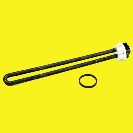 A black screw-in water heater element with a gasket and electrical connectors
